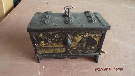 Very unusual German decorated iron safety box, possibly: Very unusual German decorated iron safety box, possibly 15th century, condition is great with key ref.#30