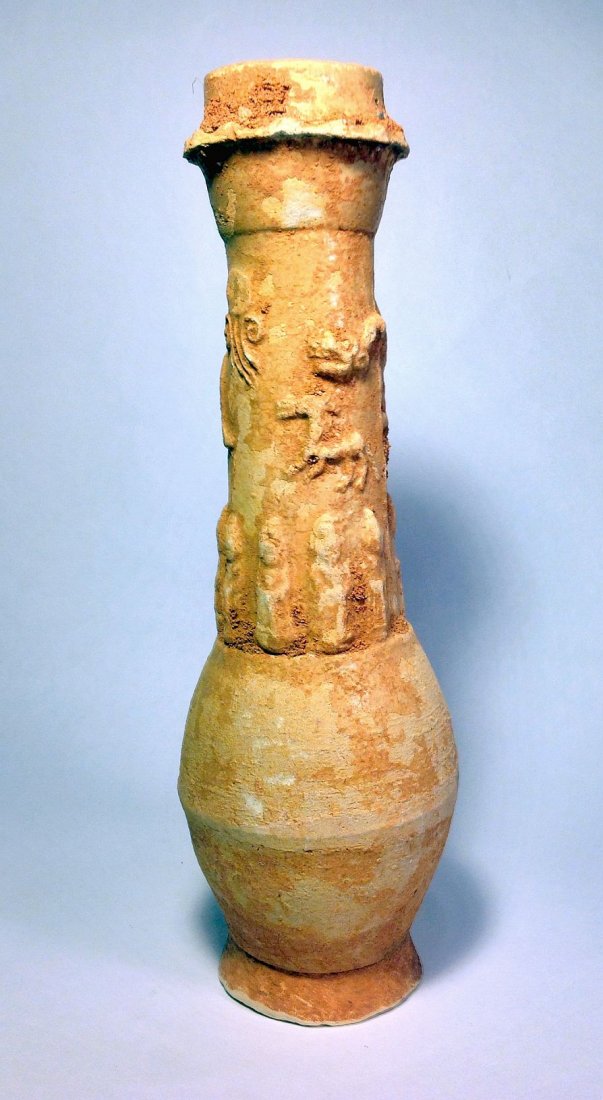 Tall Song Dynasty Wine Jar Clear Glaze Ancient China: Tall Ancient Chinese Clay Wine jar with remnants of a clear glaze. Probably Song Dynasty 960-1279 AD. Measures 12 3/4 inches tall with a 3 lb shipping weight. EX~ STEVE TOBIN COLLECTION, PENNSYLVANIA,