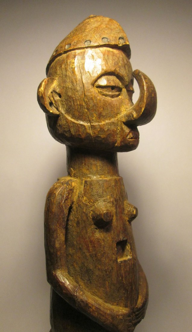 Old Yaka Male magic fetish, Fine African Tribal Art: A Very rare old example with actual ritual use. Please note the undeniable rich patina from handling over many years, likely generations. The figure has been custom mounted to a wooden base by a previ