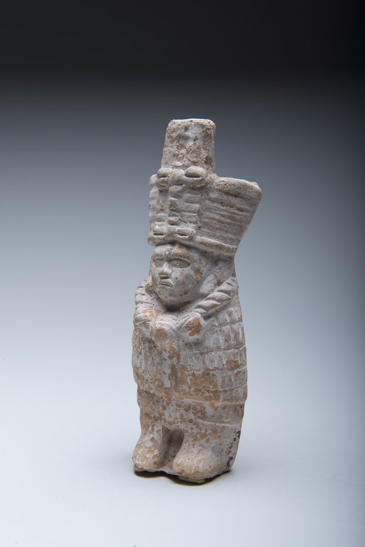 Pre Columbian Mayan Lord Napiloa Rattle / Whistle: Lovely Mayan Napiloa Musical rattle mold of a standing lord with tall headdress and royal regalia. Authentic Pre-columbian artifact from the Maya, 550-950 AD,6 x 2 inches.