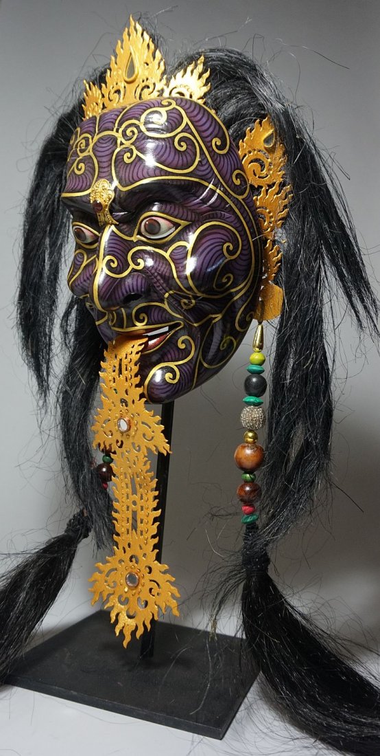Mephistopheles Mask by artist Laur Crouzen, # 3 of 8: a Very Fine carved wooden mask of "Mephistopheles' By Artist Laur Crouzen, An accomplished mask maker who resides in Bali, Indonesia. A Fantastic contemporary version of the ethereal demon Mephisto(Me