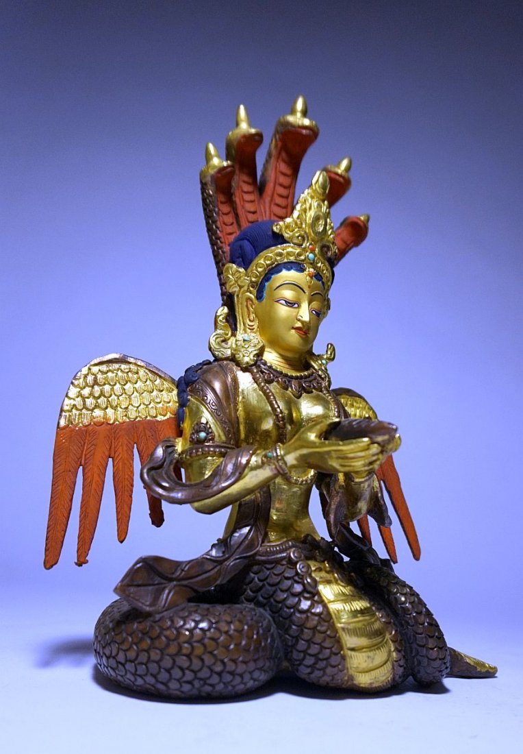 Tibetan Gilt Bronze Naga Kanya statue, Buddha , Serpent: Gorgeous Vintage Buddhist sculpture from Tibet or Nepal. This is a stunning high quality gilt bronze with serene facial expressions and incredible details. The bronze features a Naga Kanya as a Buddhi