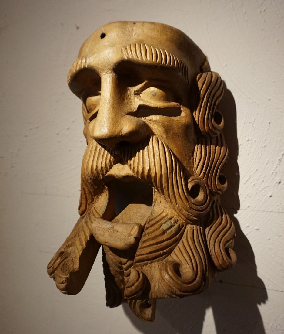 Mexican Folk Art mask of Saint , Native Art: Carved wooden mask of Old man or Bearded Saint from Mexico. Interesting example with carved movable mouth. Measures 10 x 7 inches.