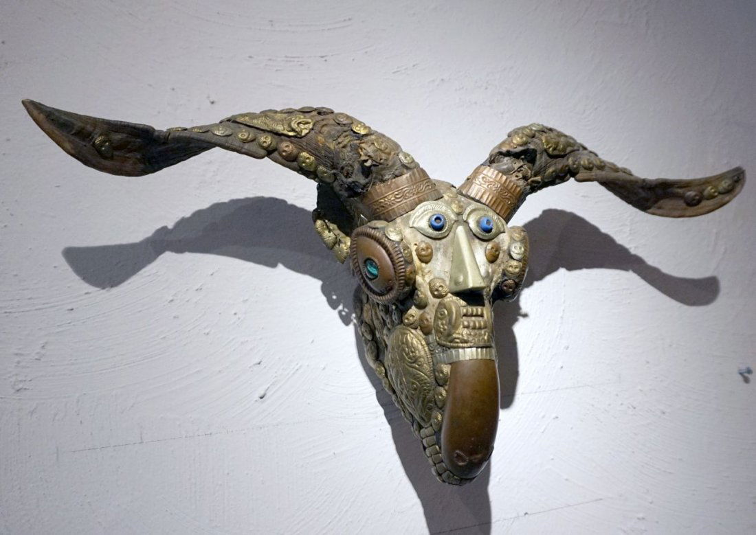 Tibetan Rams Head Skull, Kapala, Buddhist: Vintage Tibetan Rams skull with ornate Buddhist designs and adornment. Actual Ram skull covered with brass and copper decorated with Buddhist symbols. Measures 20 x 10 inches