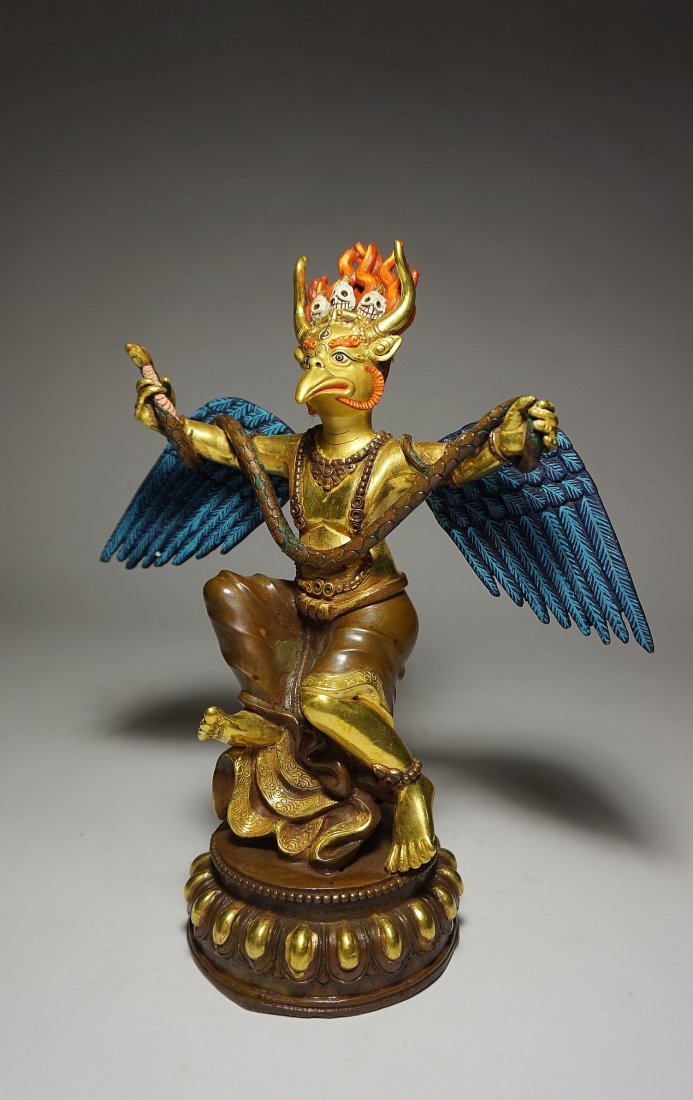 Tibetan Gilt Bronze Garuda, Buddhist Art, Buddha: Gorgeous Vintage Buddhist sculpture from Tibet or Nepal. This is a stunning high quality gilt bronze with serene facial expressions and incredible details. The bronze features a Garuda as a Buddhist d