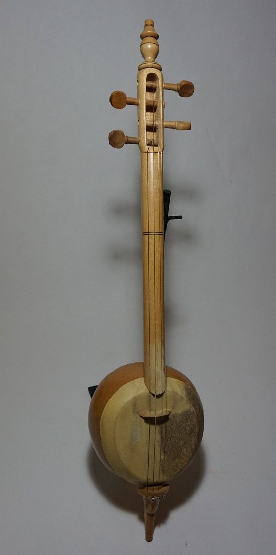 Spike Fiddle Rebab with Gourd Body, Stringed Instrument: Tall spike fiddle Rebab lute with natural Gourd Body and four tuning pegs. Measures 32 inches tall