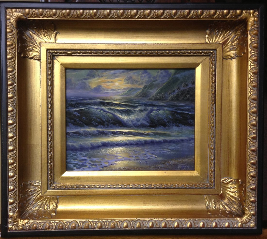 "Island Breakers in the Surf" by Maurice Meyer: Maurice Meyer paints in miniature with astounding detail and realism. This beautiful original 8x10" oil on panel is an amazing look at the wind and surf breaking on a moonlit beach in the Hawaiian Isl