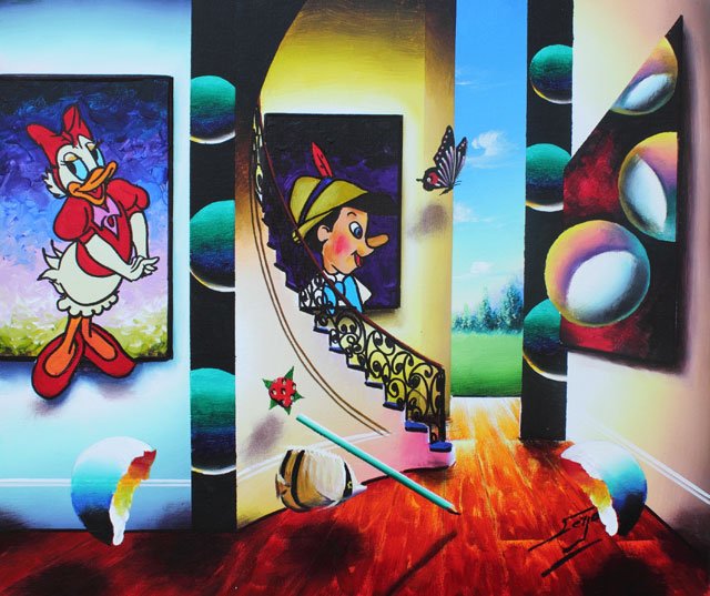 "Daisy and Pinocchio" Original by Ferjo: Disney characters punctuate this petite 20x24" oil painting by FERJO, a tribute to the artists love for the wonderful, Imaginative characters we all grew up watching and singing along with. A rare opp