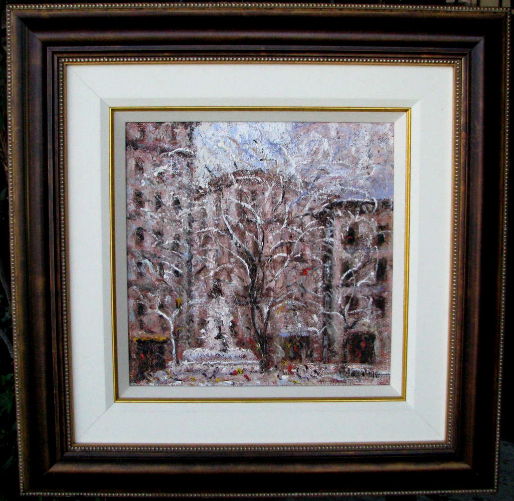 "Square St. Phillipe" by Samir Sammoun: This is an original 16x16 oil painting of Sammoun's hometown Montreal , Canada. This little Square in the center of the City, is a picturesque setting at any time, but with a light snow falling in the