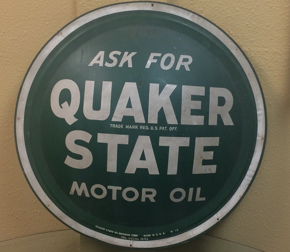 VINTAGE QUAKER STATE MOTOR OIL - Gas Station Road: Collectors Original QUAKER STATE MOTOR OIL domed metal sign. We are not sure how old it is, but it is a nice vintage sign with a cool green patina. Made of steel, painted green with white lettering. O