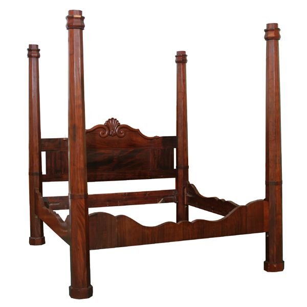 Mid 1800 Southern canopy bed, in manner of C. Lee,: Mid 1800 Southern canopy bed, in manner of C. Lee, mahogany, 110"t, adapted to modern king size bedding, tapered 6 1/2" octagon post, shell and scroll carved panel headboard, acorn finials, scrolled f