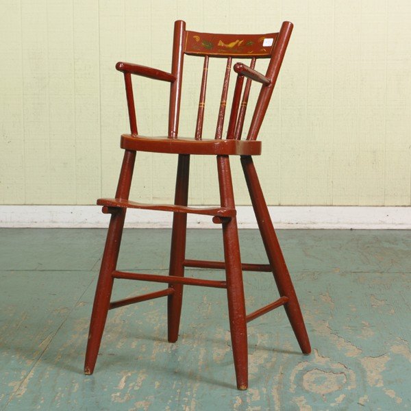 Early 19th Century Windsor youth chair, spindle ba: Early 19th Century Windsor youth chair, spindle back, handpainted bird on crest, gold pin stripping, 13" wide, 15" deep. Good condition. Later paint.