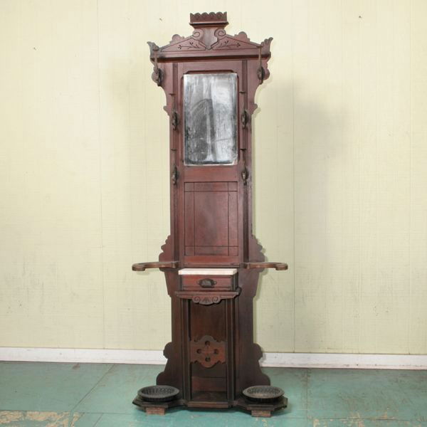 1076 Late 1800 Eastlake Victorian hall tree, solid wal