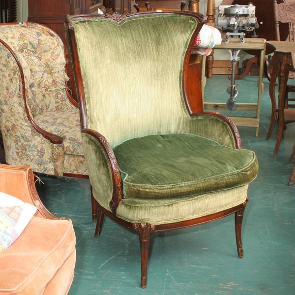 Two mid 1900's barrel back chairs, 1) green uphol