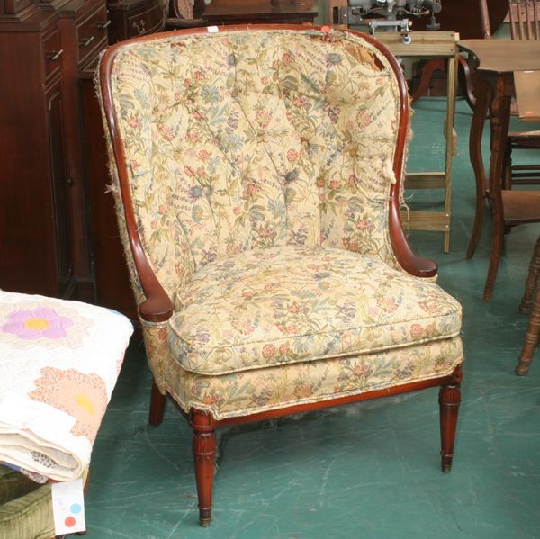 Two mid 1900's barrel back chairs, 1) green uphol - 2