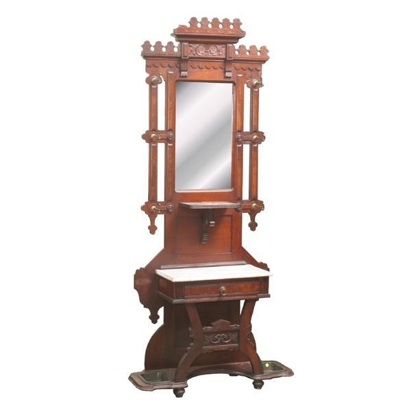 267 1880 Eastlake Victorian hall tree, solid walnut, b