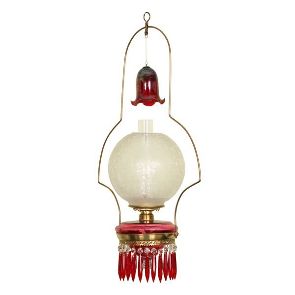 Hanging hall lamp brass cranberry shade Hanging hall lamp brass cranberry shade