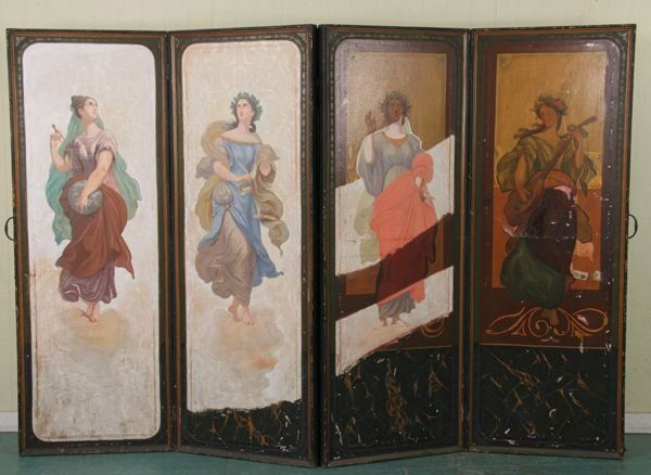 19th century four panel folding room screen, oil on: 19th century four panel folding room screen, oil on canvas panels on front and back, front has four classical figures of ladies depicting the arts, reverse has scroll florals, 59" tall 25" wide x four