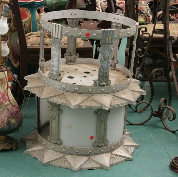 Pair of Mid 1900's art deco ceiling lights, alumin: Pair of Mid 1900's art deco ceiling lights, aluminum, sun burst motif with scrolled leaf and raised star bands, six curved white glass panels, 25" dia, 14"t. Good condition. Missing nine panels.