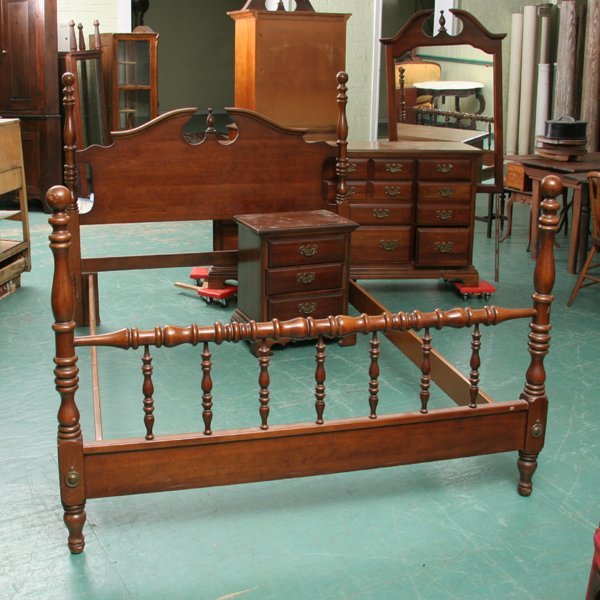 Three piece bedroom suite, 1) four poster rope be: Three piece bedroom suite, 1) four poster rope bed, 54"t headboard, 43 1/2"t footboard, 64"w, 88"l, inside 55"w, 85"l. Slats have been altered, loss of wood to right and left sides of footboard.