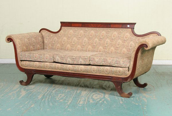 Mid 1900 Duncan Phyfe/Sheraton style sofa, mahoga: Mid 1900 Duncan Phyfe/Sheraton style sofa, mahogany, molded skirt, scrolled feet, 80"w, 33"t, 31"d. Good original finish/condition.