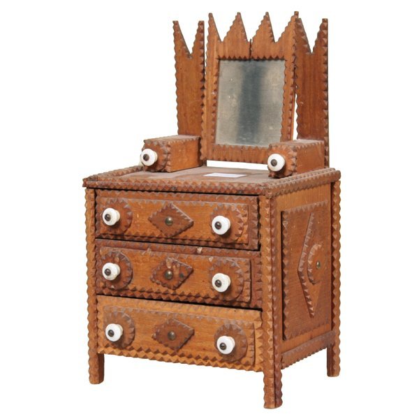 C1900 tramp art child's dresser, 14"t, made from