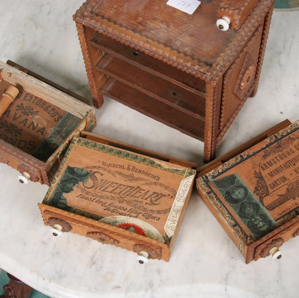 C1900 tramp art child's dresser, 14"t, made from - 2