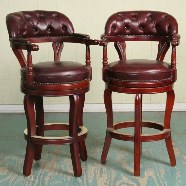 Set of two contemporary bar stools, mahogany fini