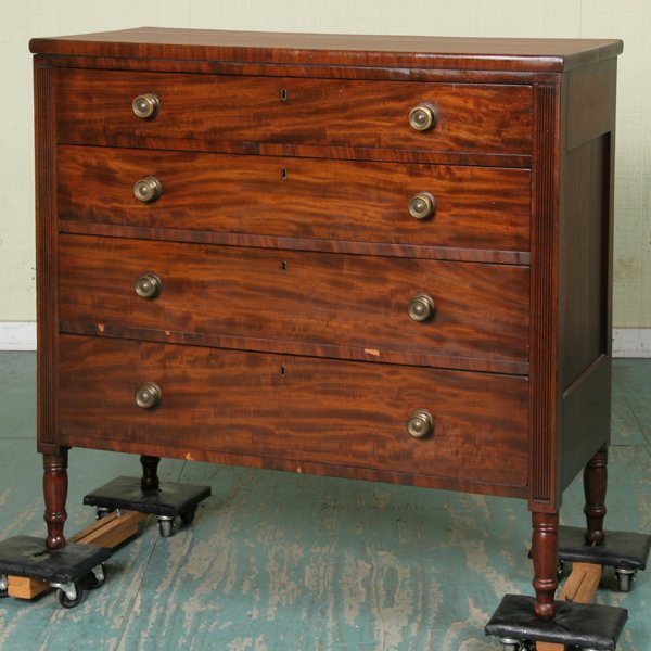 Early 1800 Sheraton four drawer chest, fiddleback