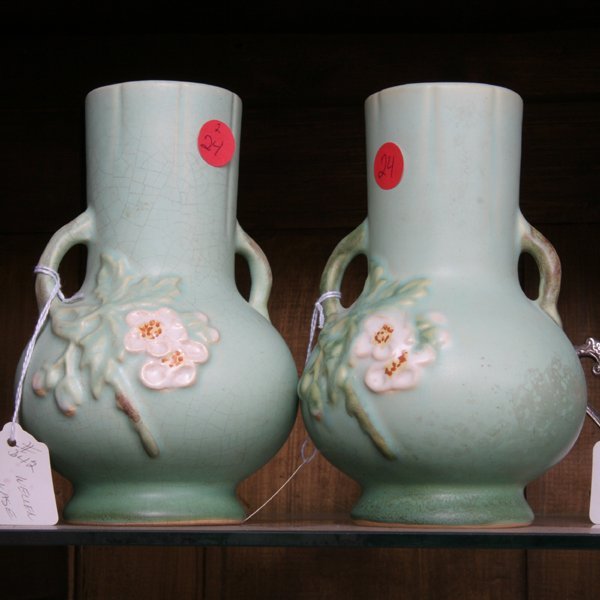 Lot of two pottery vases, Weller C4, 7"t. Glazed