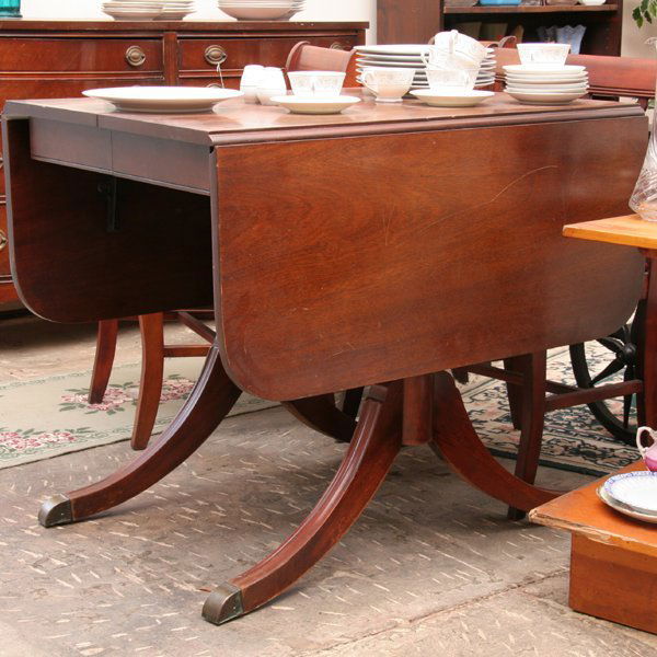 Mid 1900 Duncan Phyfe style five piece dinette se: Mid 1900 Duncan Phyfe style five piece dinette set, mahogany, 36" double pedestal dropleaf extension table, four lyre back chairs, 26"w, 30"t. Original finish/condition. Nicks, scratches