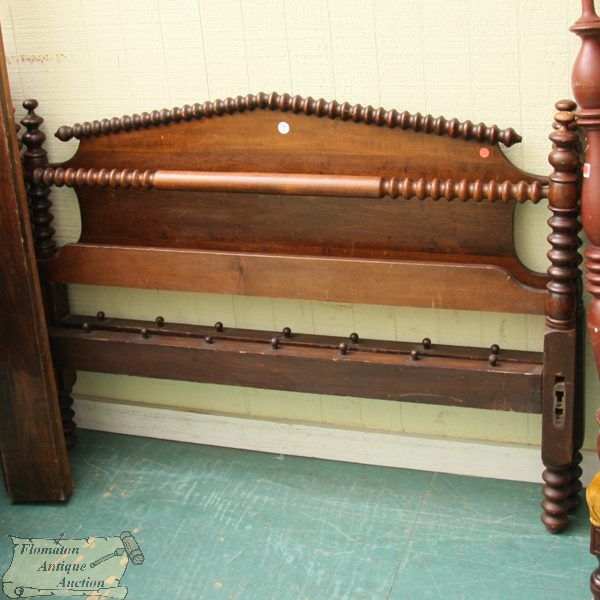 Mid 1800 Victorian Jenny Linn rope bed, softwood,: Mid 1800 Victorian Jenny Linn rope bed, softwood, 36"t full turned posts, spool turned on crest of headboard and blanket roll, 53 1/2"w, 79"l-outside. Good later finish.