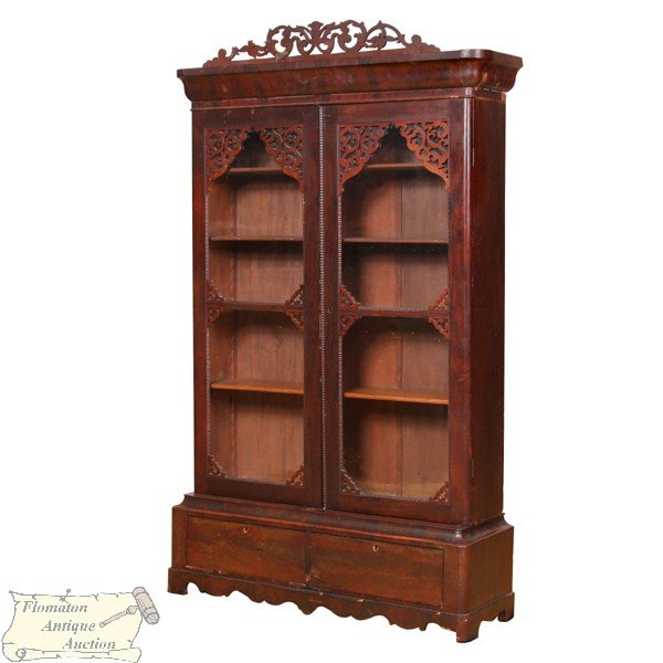 Mid 1800 Empire doubledoor bookcase, solid and flam