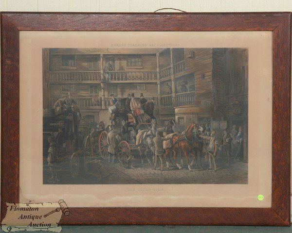 Large 19th century print, "The Olden Time, Fores's: Large 19th century print, "The Olden Time, Fores's Coaching Recollections, London, pbl 1846, painted C. C. Henderson, engraved J. Harris", 33 1/2" x 23 1/2", 2 1/2" wide tiger oak frame. Original cond