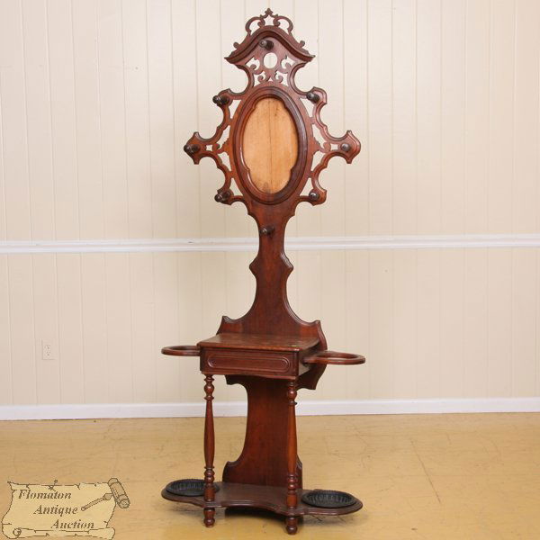 194: 1870 Rococo Victorian hall tree, solid walnut, ret