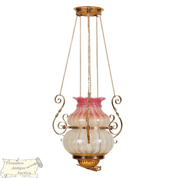 Hanging hall lamp brass cranberry shade Hanging hall lamp brass cranberry shade
