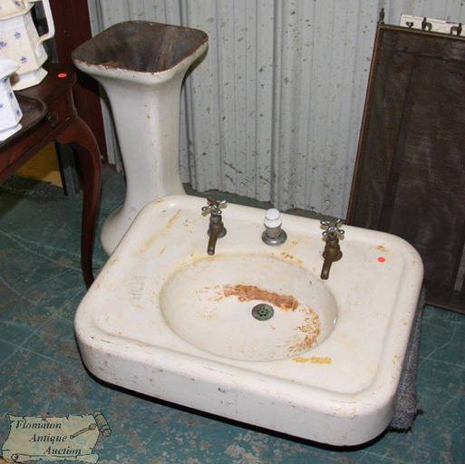 Old Cast Iron Sink And Wall Mirror, Porcelain Fini