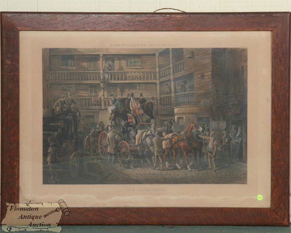 Large 19th century print, "The Olden Time, Fores's: Large 19th century print, "The Olden Time, Fores's Coaching Recollections, London, pbl 1846, painted C. C. Henderson, engraved J. Harris", 33 1/2" x 23 1/2", 2 1/2" wide tiger oak frame. Original cond