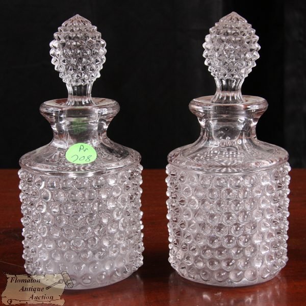 Pair of pattern glass cologne bottles, hobnail mot