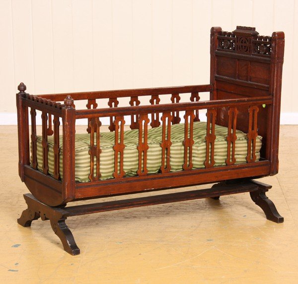 1030 19th C Eastlake Victorian cradle, solid walnut, b