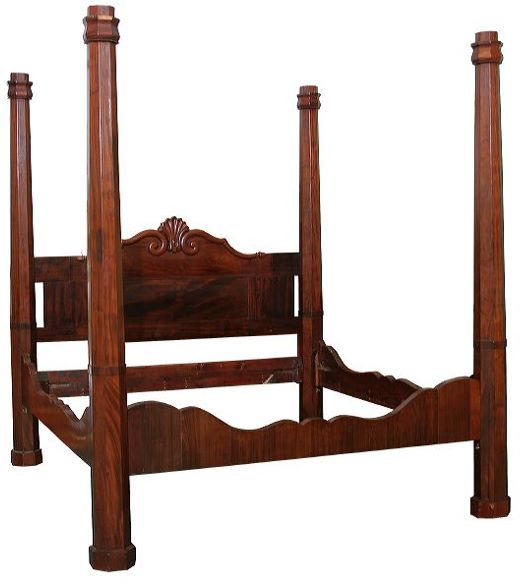 Mid 1800 Southern canopy bed, in manner of C. Lee,: Mid 1800 Southern canopy bed, in manner of C. Lee, mahogany, 110"t, adapted to modern king size bedding, tapered 6 1/2" octagon post, shell and scroll carved panel headboard, acorn finials, scrolled f