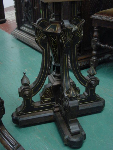 1880 Renaissance pedestal/table, 24" Diameter inse: 1880 Renaissance pedestal/table, 24" Diameter inset brown marble top, octagon tapered pedestal base, four saber columns with incised carved shells, fans, spires and rosettes, tablet shaped platform ba