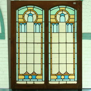 Stained glass window 30" x 39" ………………We are a liv: Stained glass window 30 1/2" x 39" ………………We are a live "brick/mortar" auction house, as such we are selling to a live in-house audience that has viewed the items and are walking out the