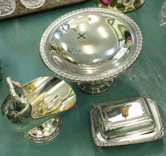 Three piece silver plate by Oneida, bon bon dish,: Three piece silver plate by Oneida, bon bon dish, nut bowl, covered butter dish. ………………We are a live "brick/mortar" auction house, as such we are selling to a live in-house audience that