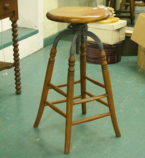 Lot of two bar stools,(1) Victorian, solid oak, s: Lot of two bar stools,(1) Victorian, solid oak, swivel seat, flared legs 30"t 14" diameter, (2) Arts and Crafts style, maple, 23"t 13" diameter. (1) good condition, (2) loose. ………………We