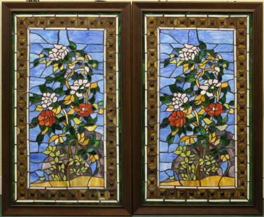 Stained glass window, one only: Contemporary leaded glass window, florals on blue, amber, with amethyst bulls eye on border, 21" x 35", in ogee frame.