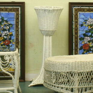 Mid 1900 wicker plant stand, 36"t flared square: Mid 1900 wicker plant stand, 36"t flared square base, 14" diameter urn top. No liner.………………We are a live "brick/mortar" auction house, as such we are selling to a live in-house audience