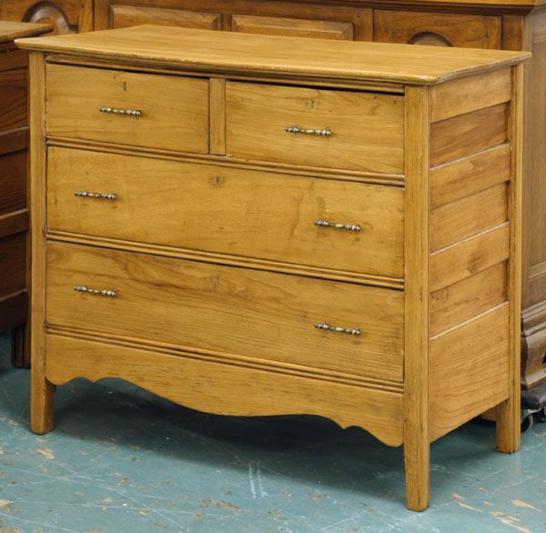 Two over two drawer chest/dresser base, fruitwood: Two over two drawer chest/dresser base, fruitwood, 38"w 33"t 18"d. Refinished, later pulls. We are a live "brick/mortar" auction house, as such we are selling to a live in-house audience that has view