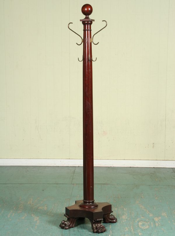 Fine early 1900 Colonial Revival hat/coat tree, s: Fine early 1900 Colonial Revival hat/coat tree, solid mahogany, heavy single column pedestal, large square and turned finial, platform base, large paw feet, brass S hooks, 72"t 16" square at base. Goo