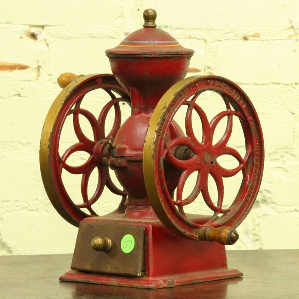 Great size double wheel coffee mill, signed John W: Great size double wheel coffee mill, signed John Wright, Wrightsville, Penn., 12"t 7"w. Original paint decorations.